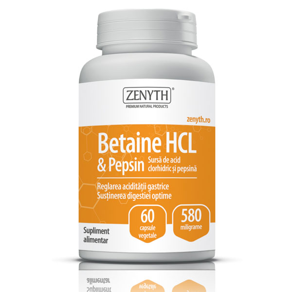 Betaine HCL & Pepsin, sursa de acid clorhidric si pepsina 60capsule x 580mg